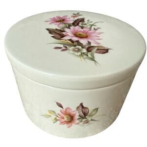 Vintage Jaeger Floral Cottage Coquette Flowers Ceramic Round Pottery Trinket Pot